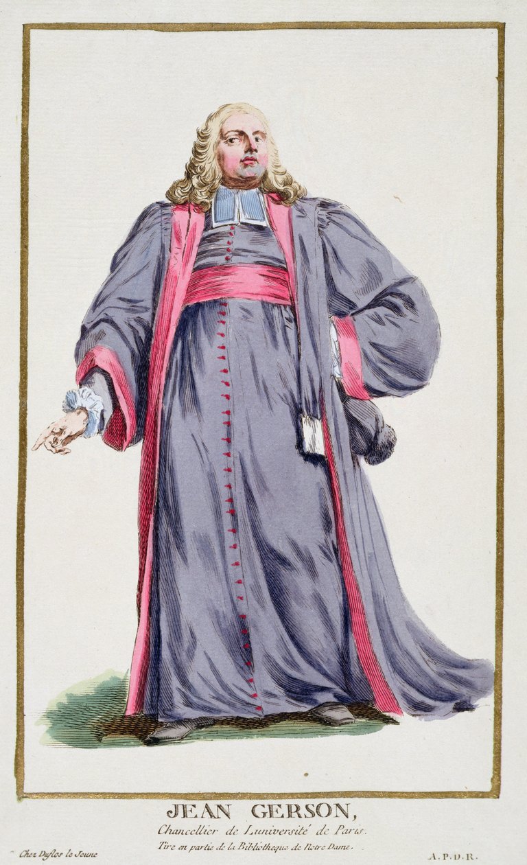 Jean Gerson (1363-1429) teoksesta "Receuil des Estampes, Representant des Rangs et les Dignites, kaikkien olemassa olevien kansakuntien puvun mukaan", julkaistu 1780 (käsinvärinen kaiverrus) tekijältä Pierre Duflos