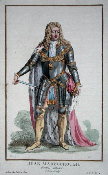 John Churchill (1650-1722) Marlboroughin herttua kirjasta "Receuil des Estampes, joka edustaa arvoja ja arvoja, kaikkien olemassa olevien kansakuntien puvun mukaan", julkaistiin 1780 (käsinvärinen kaiverrus) tekijältä Pierre Duflos
