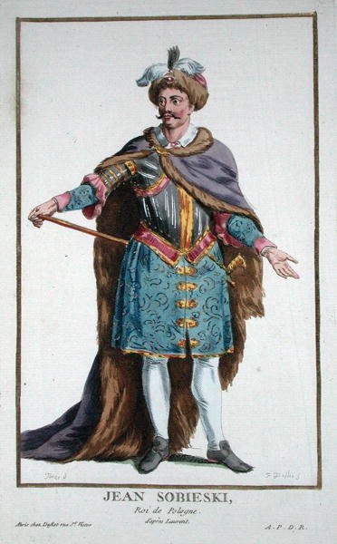 John III Sobiewski (1629-96) Puolan kuningas "Receuil des Estampesista, joka edustaa arvoja ja arvokkaita kaikkien olemassa olevien kansakuntien puvun mukaan", julkaistiin 1780 (käsinvärinen kaiverrus) tekijältä Pierre Duflos
