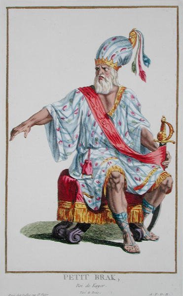 Little Brak, Kayorin kuningas, kirjasta "Recueil des Estampes, joka edustaa arvoja ja arvoja, kaikkien olemassa olevien kansakuntien puvun mukaan", julkaistu 1780 (käsinvärinen kaiverrus) tekijältä Pierre Duflos