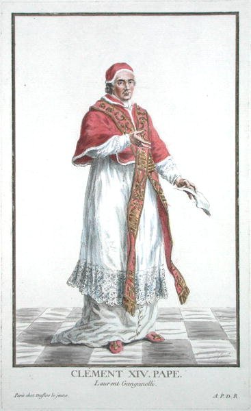 Lorenzo Ganganelli (1705-74) Paavi Clement XIV (1769-74) kirjasta "Receuil des Estampes, joka edustaa arvoja ja arvokkaita kaikkien olemassa olevien kansakuntien puvun mukaan", julkaistiin 1780 (käsinvärinen kaiverrus) tekijältä Pierre Duflos