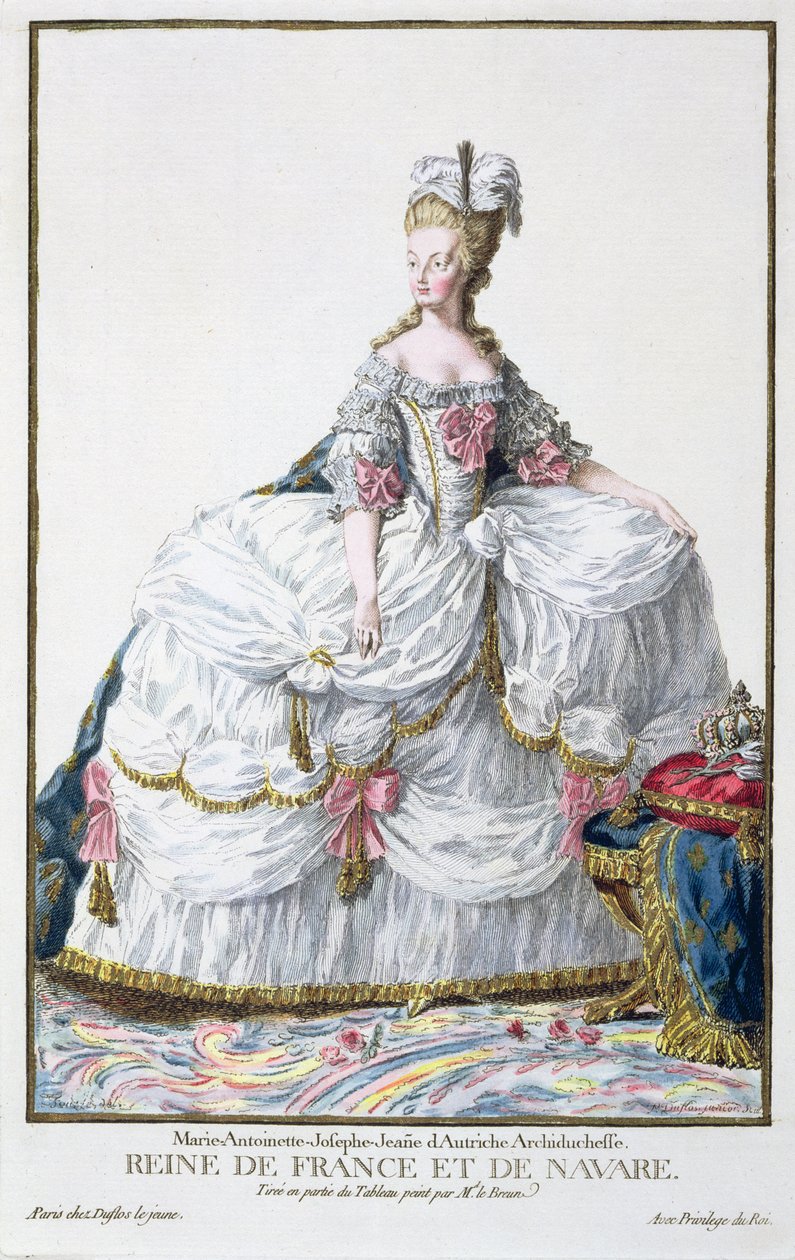Marie Antoinette (1752-93) kirjasta "Receuil des Estampes, joka edustaa arvoja ja arvokkaita kaikkien olemassa olevien kansakuntien puvun mukaan", julkaistu 1780 (käsinvärinen kaiverrus) tekijältä Pierre Duflos