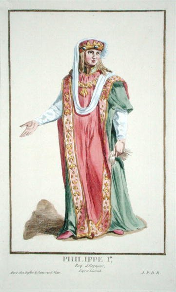 Philip I (1478-1506) Kastilian kuningas kirjasta "Receuil des Estampes, Representant les Rangs et les Dignites, kaikkien olemassa olevien kansakuntien puvun mukaan", julkaistu 1780 (käsinvärinen kaiverrus) tekijältä Pierre Duflos