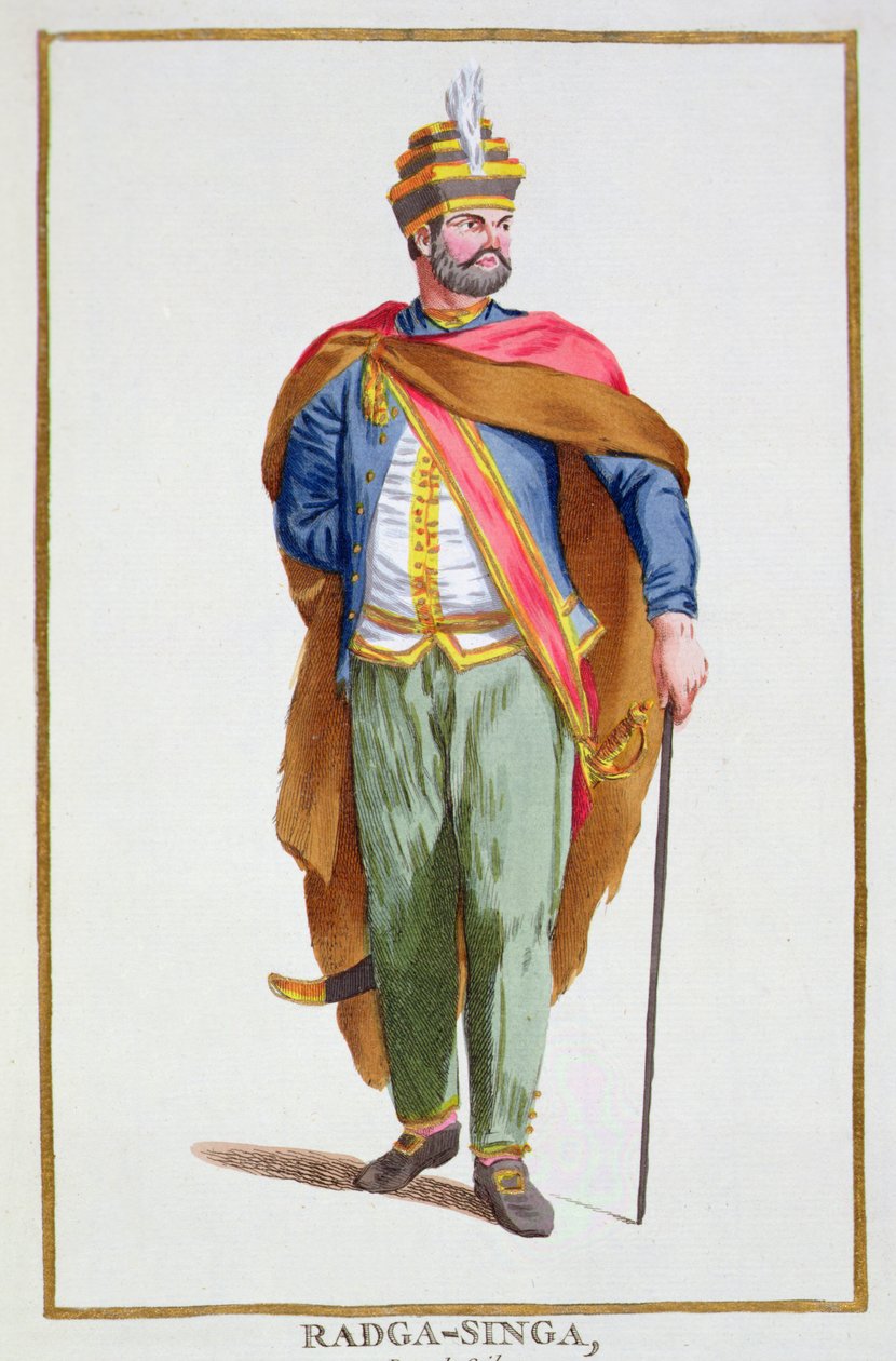 Raja-Singa Ceylonin kuningas teoksesta "Receuil des Estampes, Representant les Rangs et les Dignites, kaikkien olemassa olevien kansakuntien puvun mukaan", julkaistu 1780 (käsinvärinen kaiverrus) tekijältä Pierre Duflos