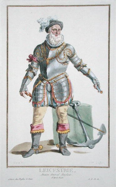 Robert Dudley (1533-88) Leicesterin jaarli, kuvasta "Receuil des Estampes, representant les Rangs et les Dignites, suivant le Costume de toutes les Nations existantes", julkaistu 1780 (käsin väritetty kaiverrus). tekijältä Pierre Duflos