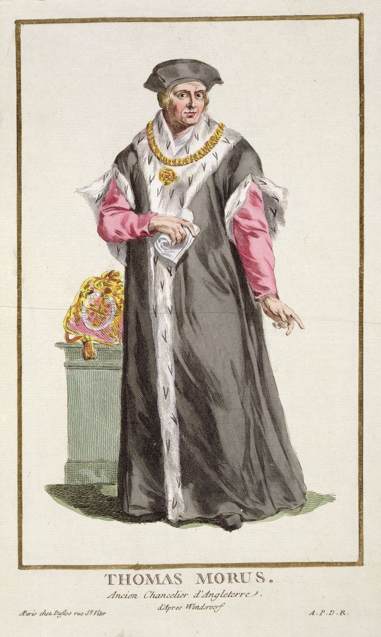 Sir Thomas More (1478-1535) kirjasta "Receuil des Estampes, joka edustaa arvoja ja arvoja, kaikkien olemassa olevien kansakuntien puvun mukaan", julkaistiin 1780 (käsinvärinen kaiverrus) tekijältä Pierre Duflos