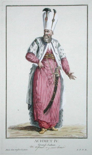 Sulttaani Achmet IV (r.1603-17) kirjasta "Receuil des Estampes, joka edustaa arvoja ja arvokkaita, kaikkien olemassa olevien kansakuntien puvun mukaan", julkaistiin 1780 (käsinvärinen kaiverrus) tekijältä Pierre Duflos