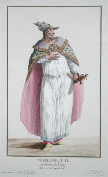 Sulttaani Mahomet II (1432-81) kirjasta "Receuil des Estampes, joka edustaa arvoja ja arvokkaita kaikkien olemassa olevien kansakuntien puvun mukaan", julkaistiin 1780 (käsinvärinen kaiverrus) tekijältä Pierre Duflos