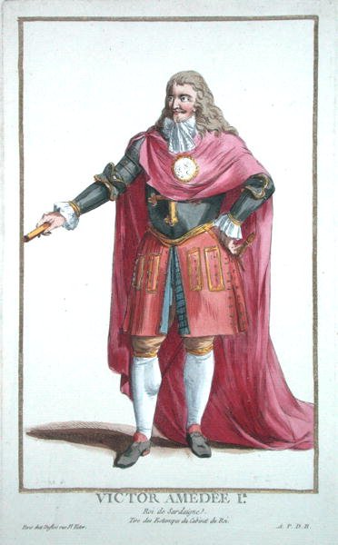 Victor Amadeus II (1666-1732) kirjasta "Receuil des Estampes, joka edustaa arvoja ja arvoja kaikkien olemassa olevien kansakuntien puvun mukaan", julkaistiin 1780 (käsinvärinen kaiverrus) tekijältä Pierre Duflos