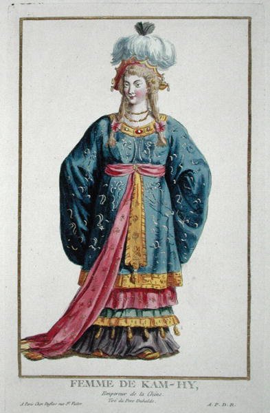 Recueil des Estampesista kotoisin olevan Kang Tsin vaimo, joka edustaa arvoja ja arvoja, kaikkien olemassa olevien kansakuntien puvun mukaan, julkaistu 1780 (käsinvärinen kaiverrus) tekijältä Pierre Duflos