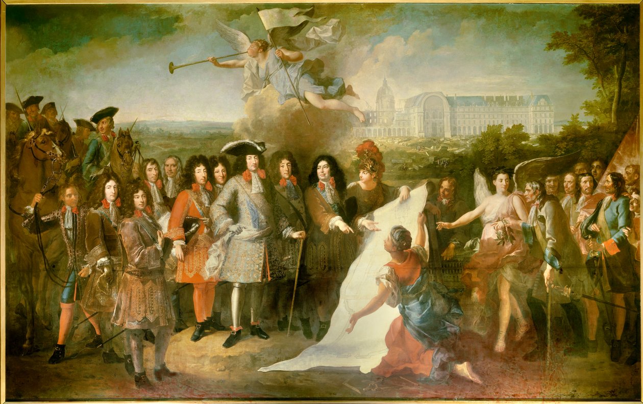 Markiisi de Louvois (1639-1691) esitteli Royal Hote des Invalidesin suunnitelman Ludvig XIV:lle. Läsnä olevien joukossa ovat Henri de la Tour d