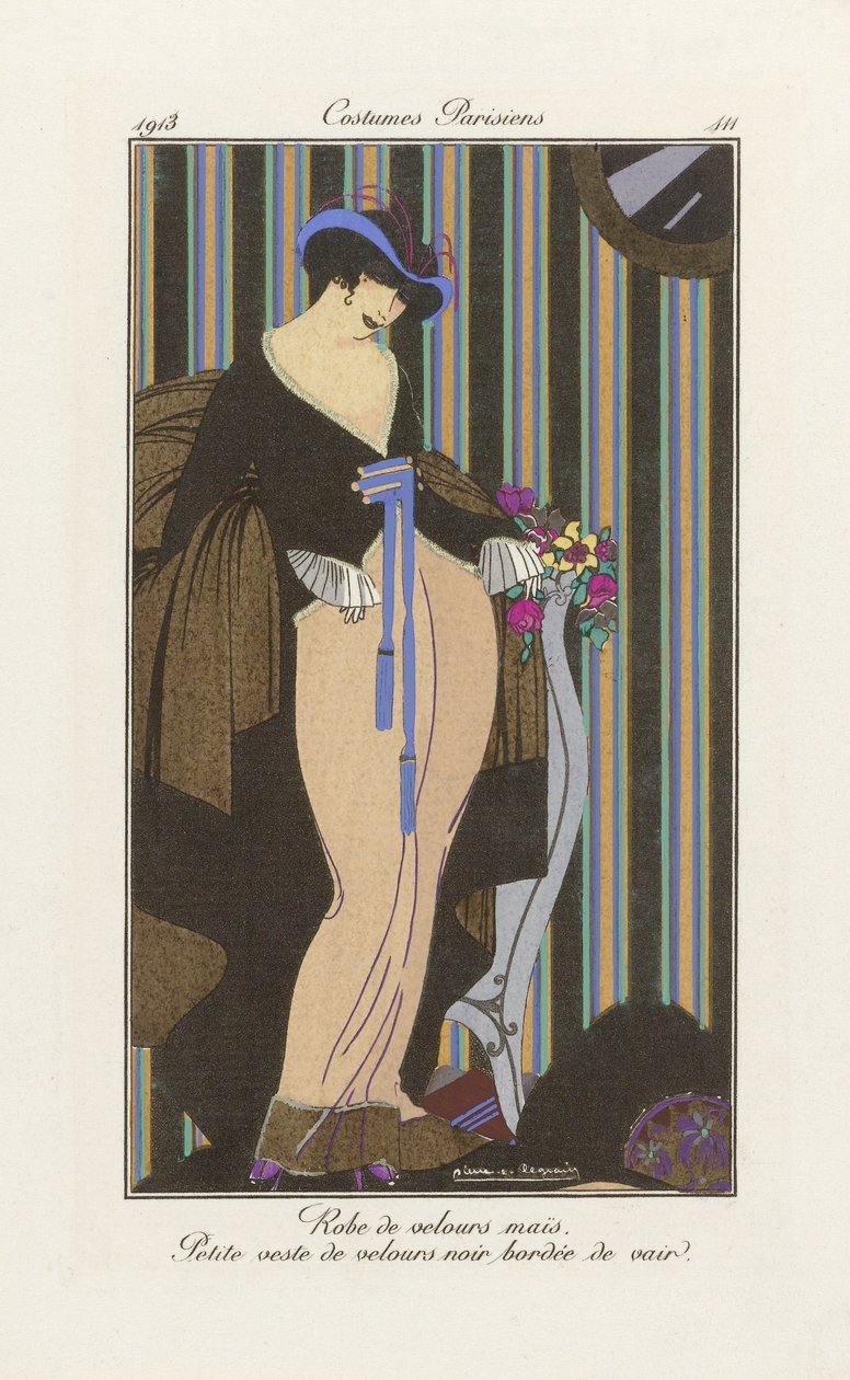 Suunnittelu samettimekolle, Costumes Parisien, pub.1913 (pochoir Print) tekijältä Pierre E. Legrain