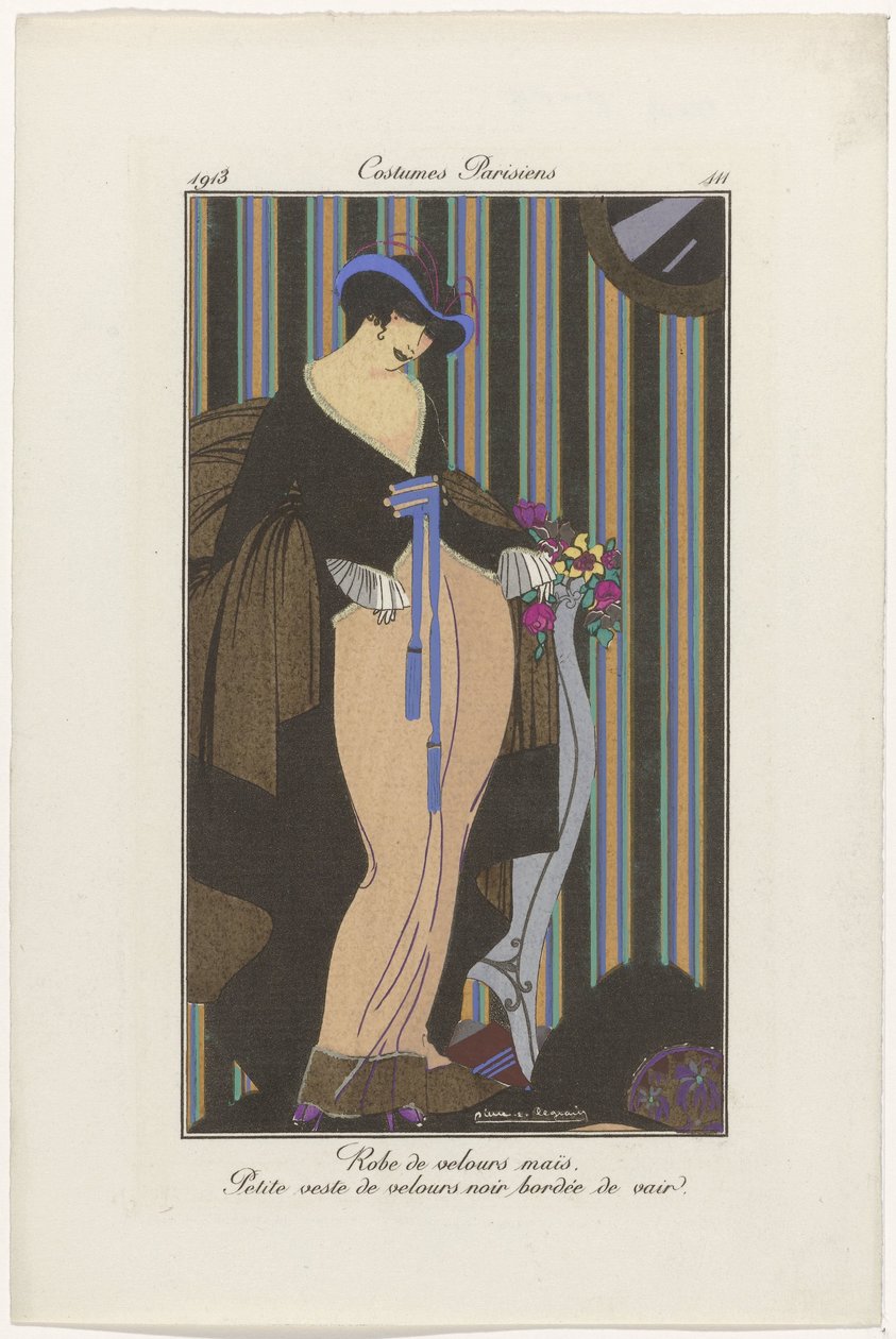 Journal of Ladies and Fashions: The Fashion Illustrators Journal of Ladies and Fashions: Fashion News Journal des Dames et des Modes, Costumes Parisiens, 1913, nro 111: samettimekko (...) tekijältä Pierre Emile Legrain