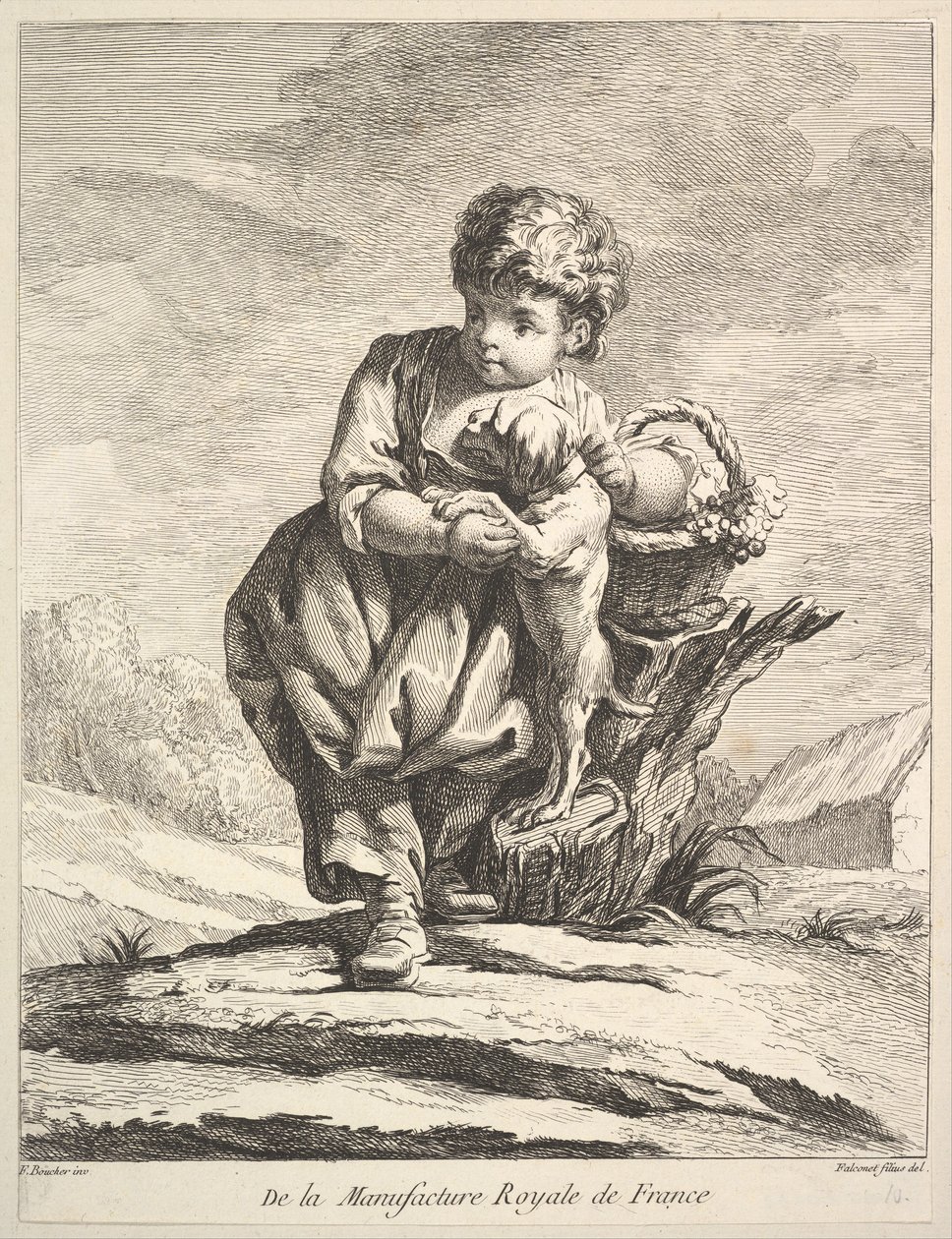 Lapsi koiran kanssa, kädessään viinikori, Premier Livre de Figures daprès les po..., 1757. tekijältä Pierre Etienne Falconet