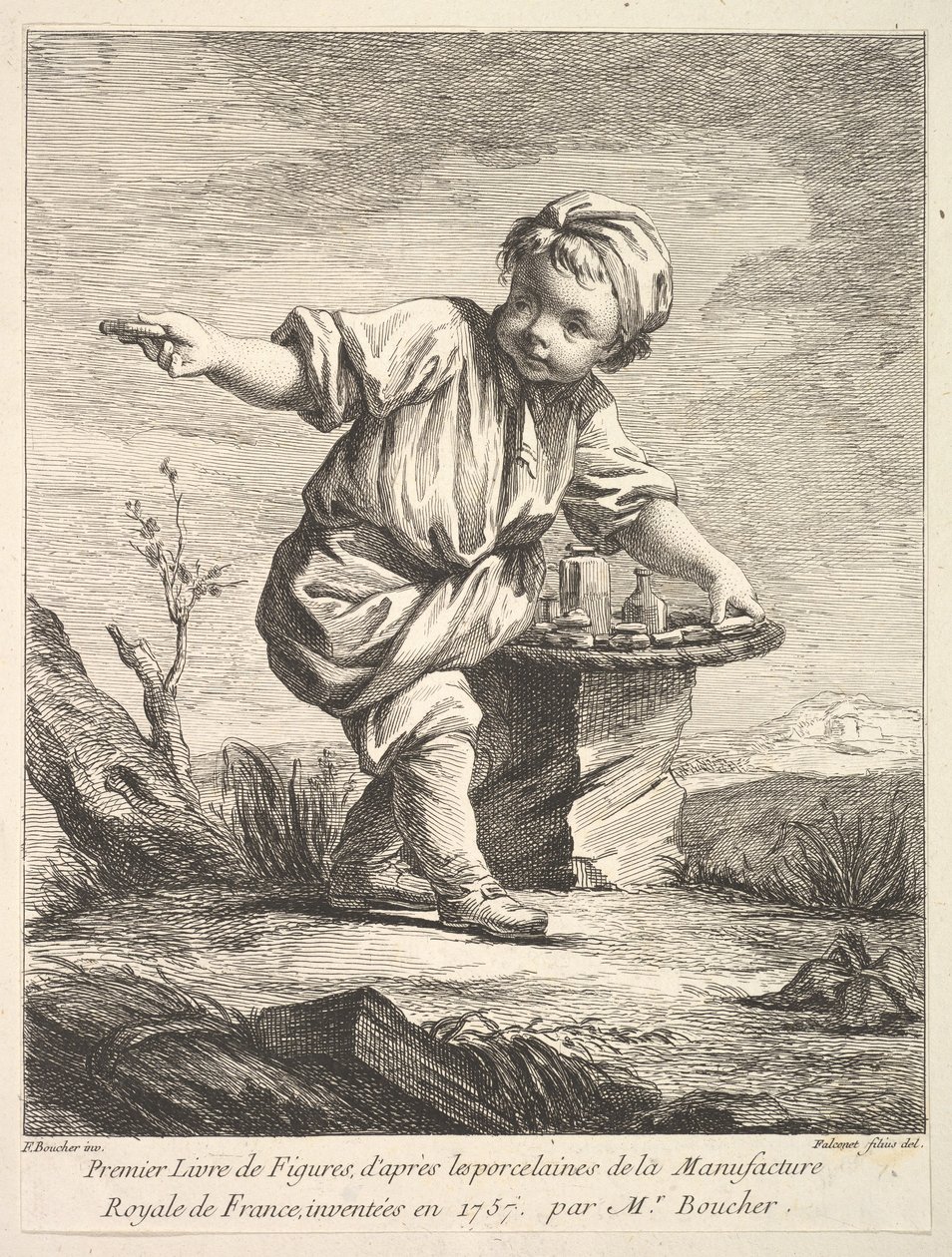 Etukappale, jossa pieni poika pitelee koria, Premier Livre de Figures daprès les po..., 1757. tekijältä Pierre Etienne Falconet