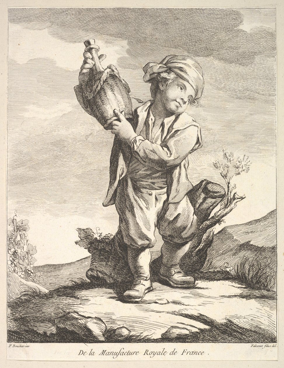 Pikkupoika pitelee astiaa, ensimmäisestä Figuurikirjasta M...:n posliinien jälkeen, 1757. tekijältä Pierre-Etienne Falconet