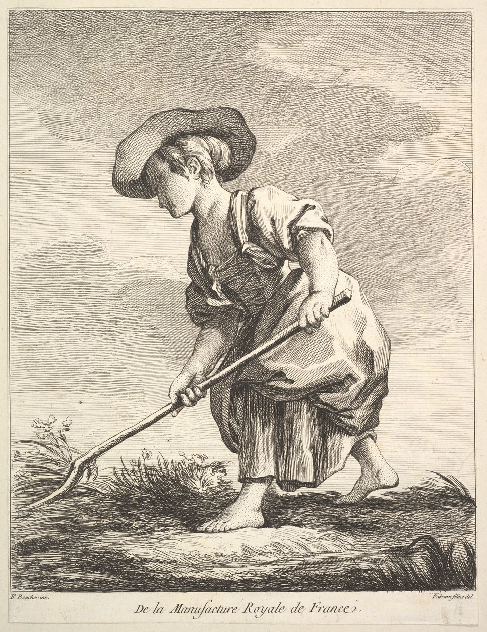 Pikkutyttö maataloustöissä, ensimmäisestä Figuurikirjasta M...:n posliinien jälkeen, 1757. tekijältä Pierre Etienne Falconet