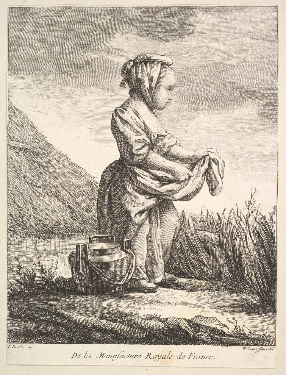 Pieni tyttö astia jaloissaan, Premier Livre de Figures daprès les porcelain..., 1757. tekijältä Pierre Etienne Falconet