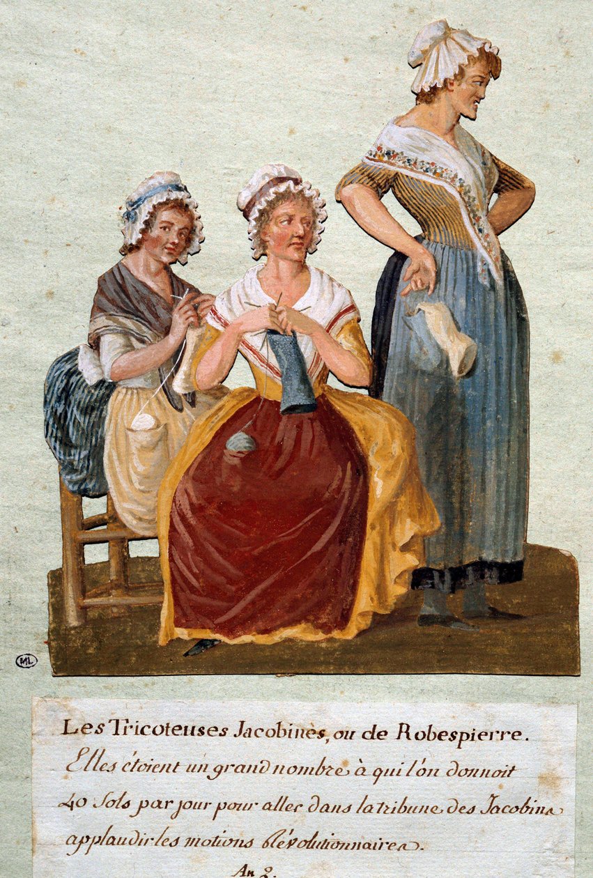 Ranskan vallankumous: jakobiinineuleiset tai Robespierre. Annoimme näille naisille rahaa mennäkseen Jacobin Clubiin. Pierre Etienne Lesueurin guassi (toiminut noin 1791-1810) tekijältä Pierre Etienne Lesueur