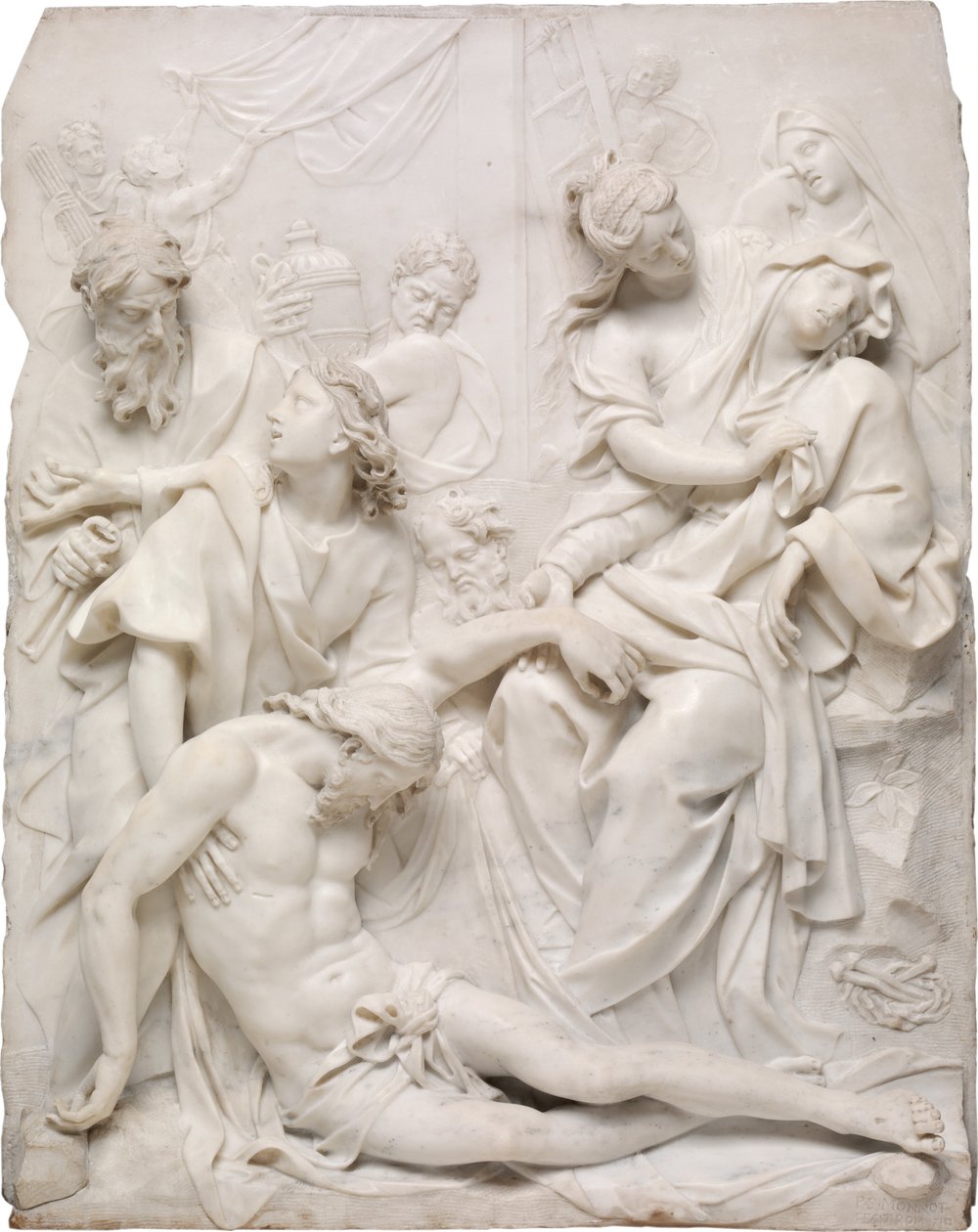 Neitsyt Maria pyörtyi Kristuksen ruumiin yli ristin juurella, 1710. tekijältä Pierre Etienne Monnot