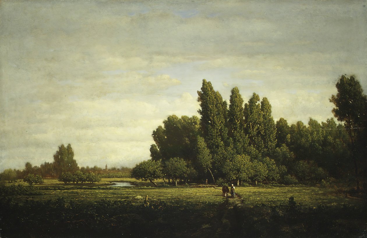 Puiden reunustama niitty, n. 1845. tekijältä Pierre Etienne Theodore Rousseau