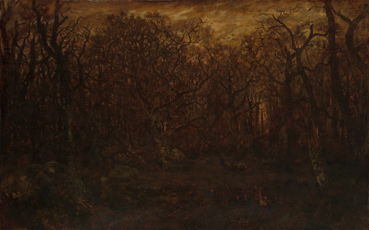Metsä talvella auringonlaskun aikaan, n. 1846-67. tekijältä Pierre Etienne Theodore Rousseau