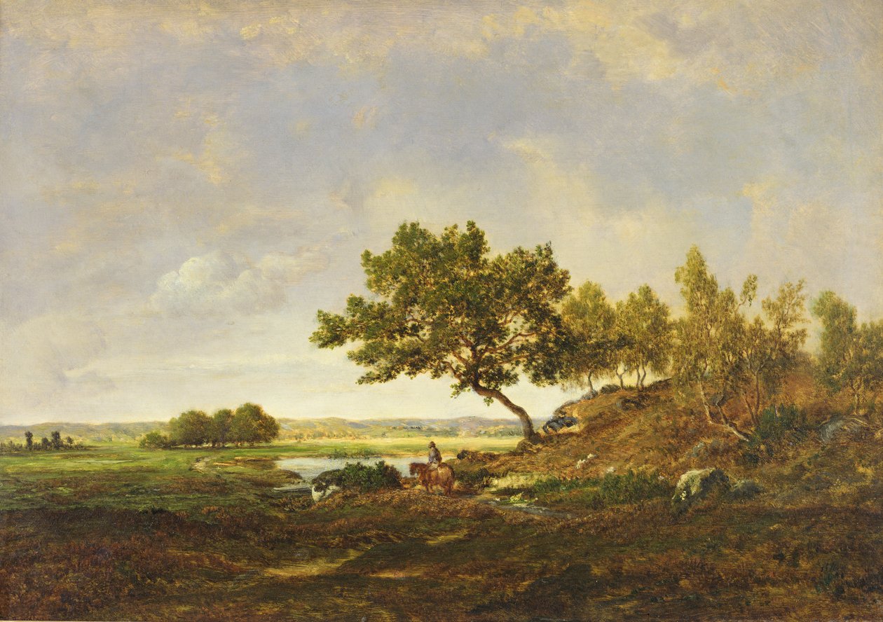 Lampi kukkulan juurella, n. 1848-55 (öljy puulle) tekijältä Pierre Etienne Theodore Rousseau