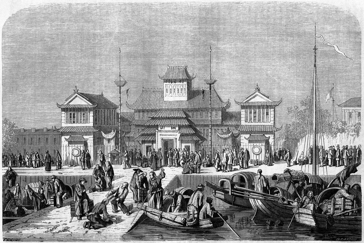 Tullinäkymä Shanghain satamassa vuonna 1860, Kiina. Kaiverrus, Grandsire, julkaisussa "" Le Tour du Monde, Nouveau Journal des Voyages", toimittanut Edouard Charton, Paris tekijältä Pierre Eugene Grandsire