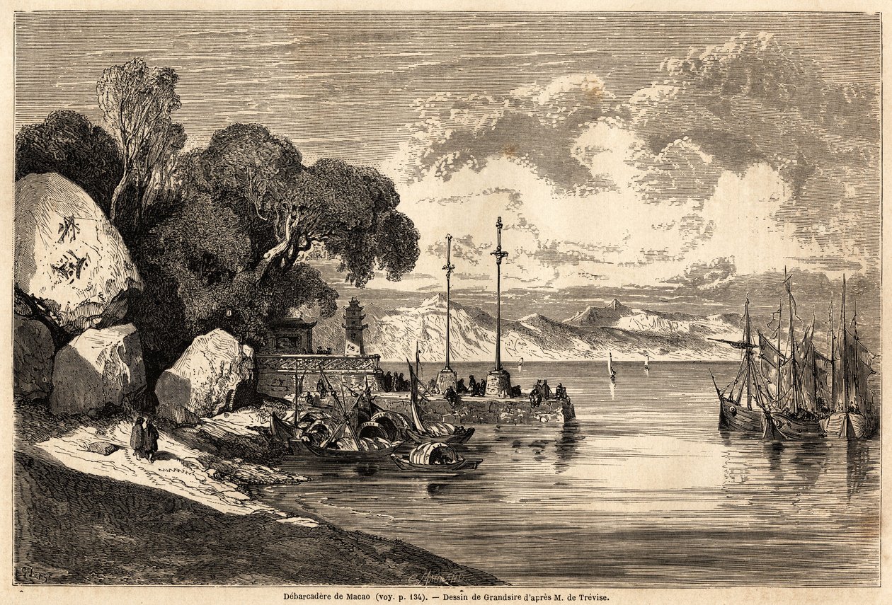 Barcadere de Macau, Grandsiren piirtäminen havainnollistamaan herra de Mogen matkaa Kiinaan ja Japaniin vuosina 1857-1858. Kaiverrus "" Le tour du monde, nouveau journal des voyages"" Paris tekijältä Pierre Eugene Grandsire