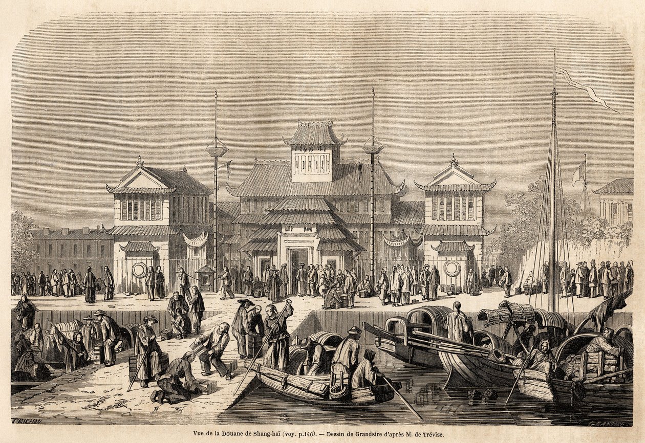 Grandsiren piirtämä Shanghain tullirakennus havainnollistamaan Marquis de Mogesin matkaa Kiinaan ja Japaniin vuosina 1857-1858. Kaiverrus "" Le tour du monde, nouveau journal des voyages"" Paris tekijältä Pierre Eugene Grandsire