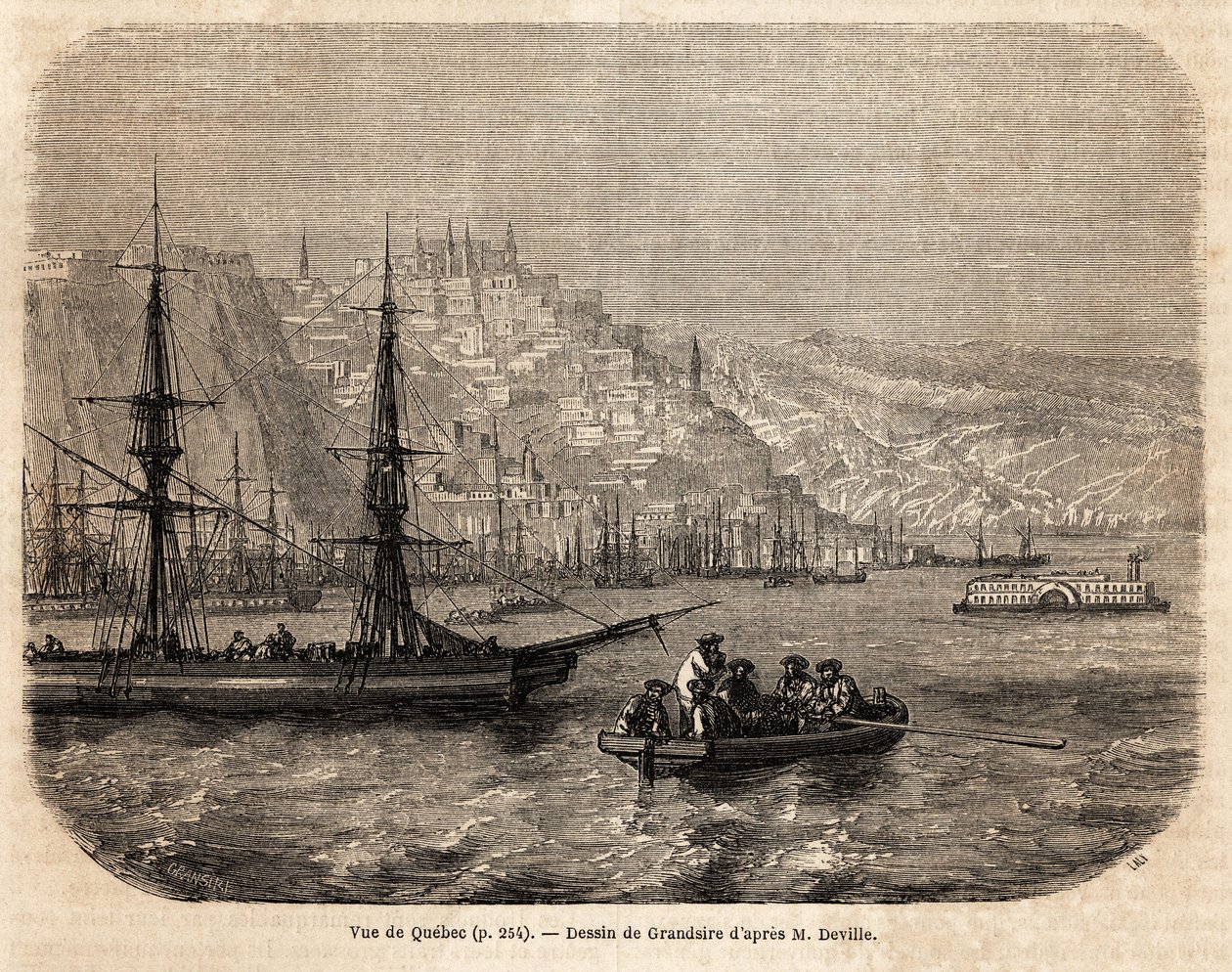 Quebecin näkymä, Grandsiren piirustus havainnollistamaan matkoja Pohjois-Amerikkaan vuosina 1854-1855, kirjoittanut L. Deville. Kaiverrus ”” Le tour du monde”” 1861. Selvan kokoelma. tekijältä Pierre Eugene Grandsire