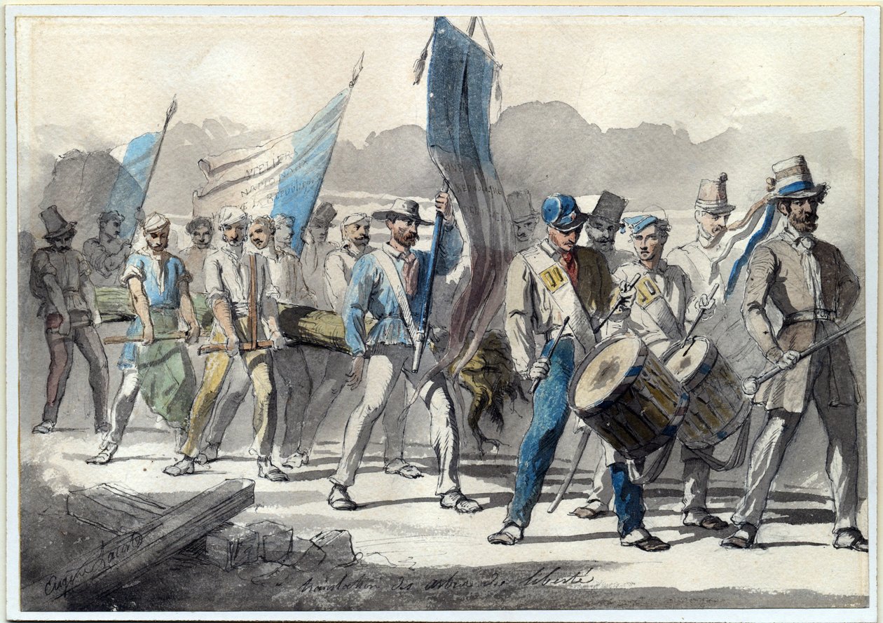 ""Vapaudenpuun istutus Ranskassa 1848"" (Vapaudenpuun istutus Ranskassa 1848) Pierre-Eugene Lacosten (1818-1908) akvarelli 1848 Koko 24x34 cm Yksityinen kokoelma tekijältä Pierre Eugène Lacoste