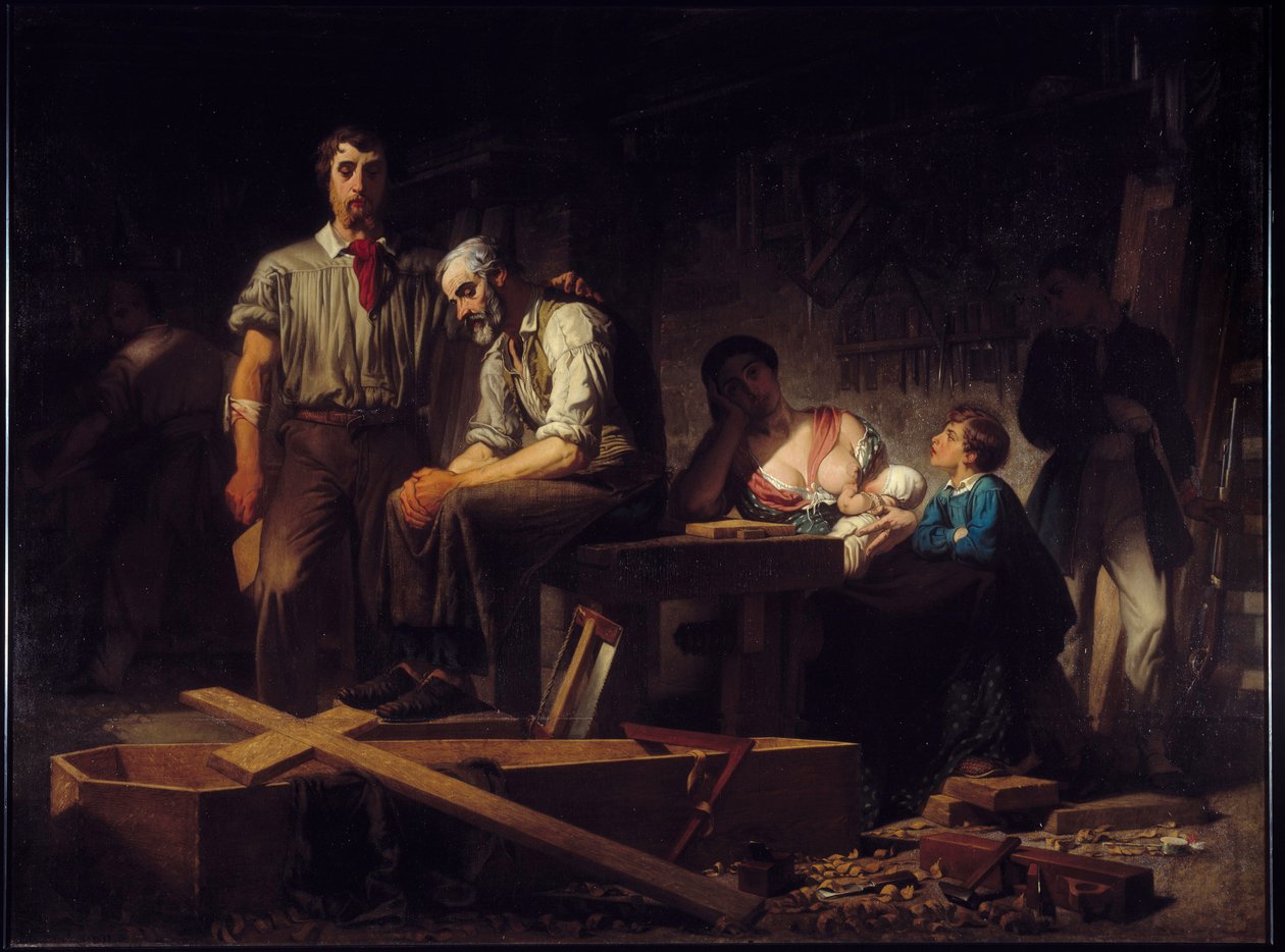 Vuoden 1848 vallankumous: ""Ensimmäinen työ helmikuun 1848 kapinan jälkeen"" Helmikuun 1848 päivinä kuolleiden uhrien omaisten suru. Pierre Eugene Lacosten (1818-1908) maalaus 1850 Su. 2,7x3,66 m Marseille, Musee des Beaux Arts. tekijältä Pierre Eugène Lacoste