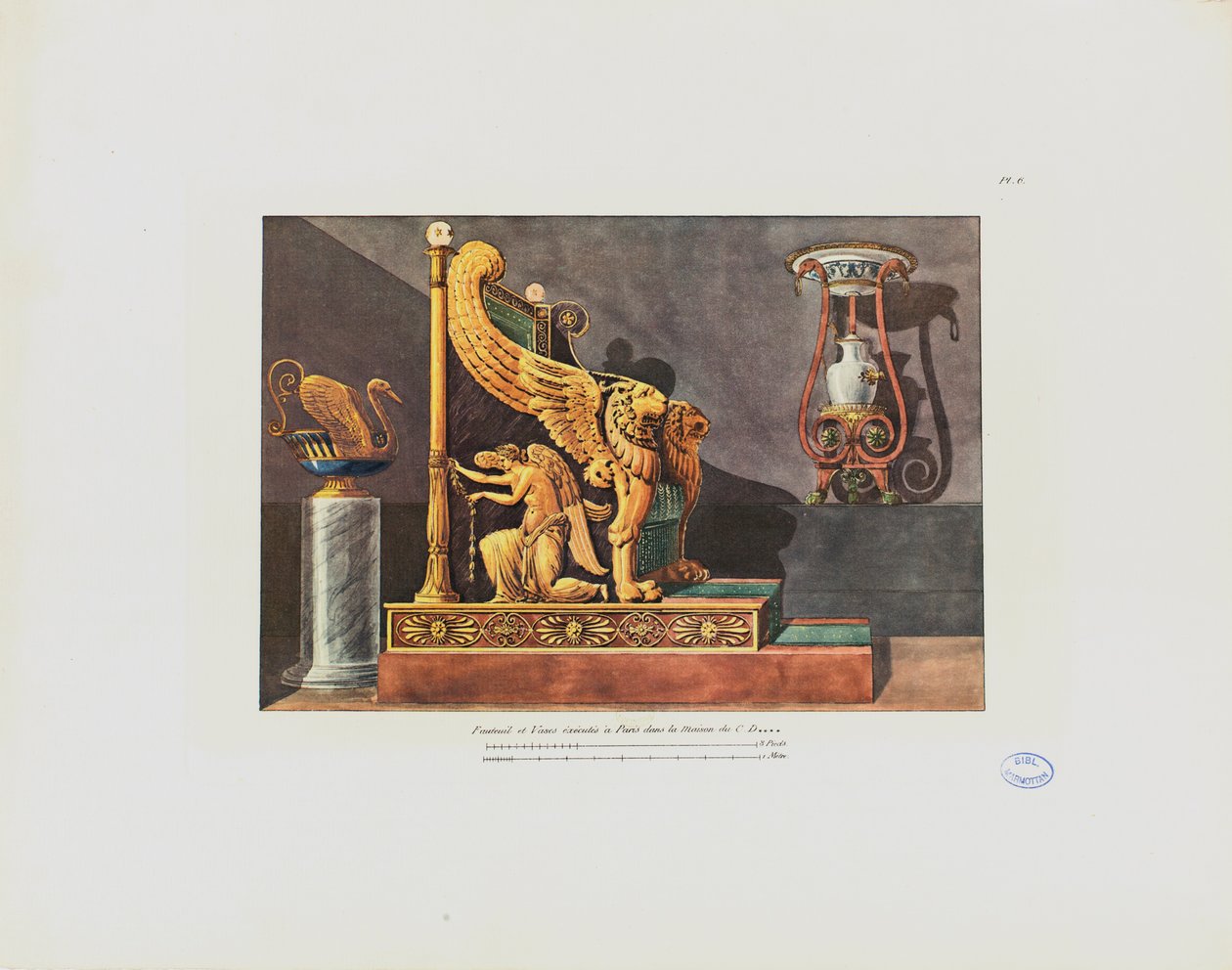 Nojatuoli ja maljakko CD:n talossa teoksesta "Sisustuskoristeiden kokoelma, mukaan lukien kaikki huonekaluihin liittyvä", julkaistu Pariisi, 1801 tekijältä Pierre Francois Leonard Fontaine