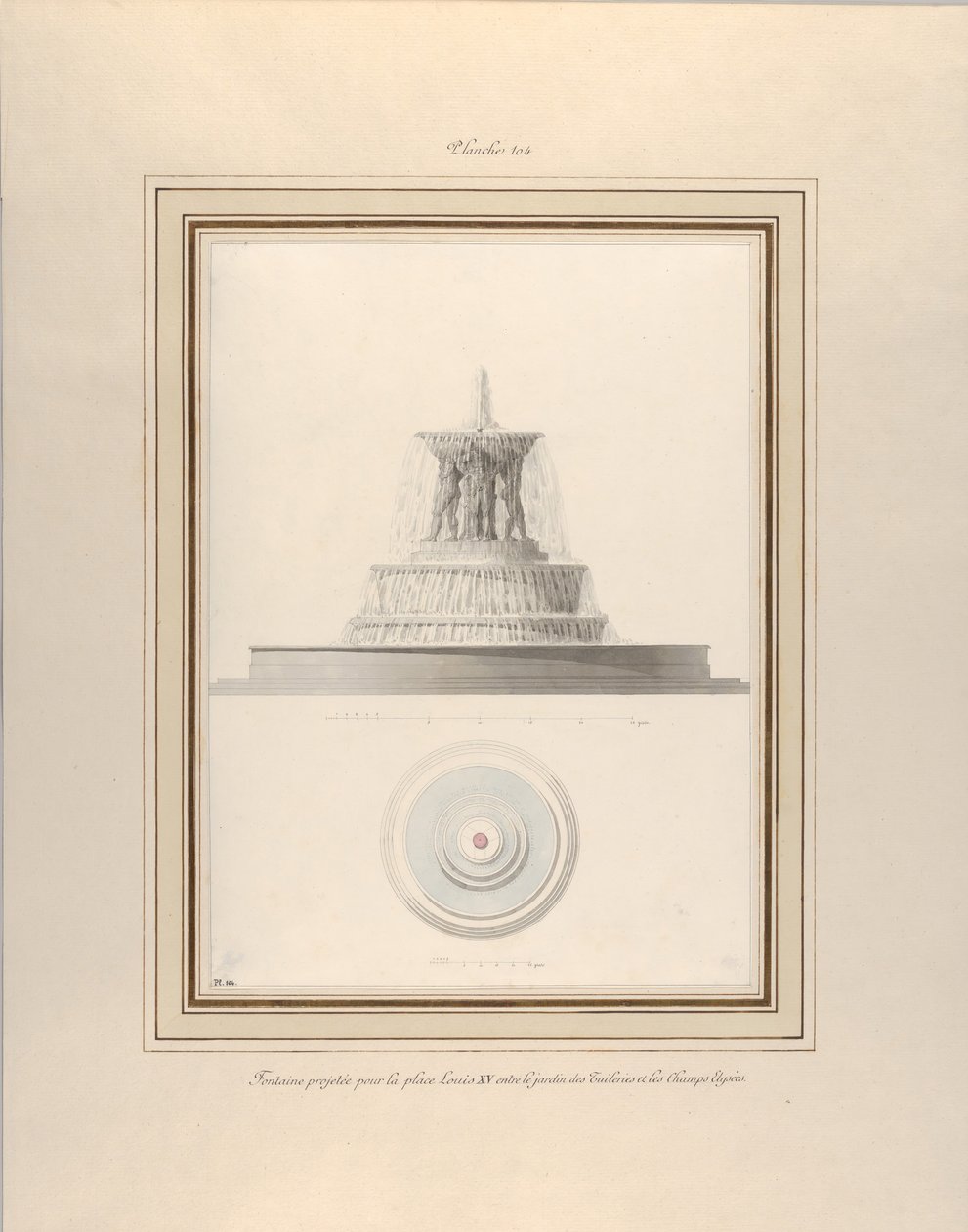 La Place Louis XV:n suihkulähdeprojekti, n. 1806. tekijältä Pierre Francois Leonard Fontaine