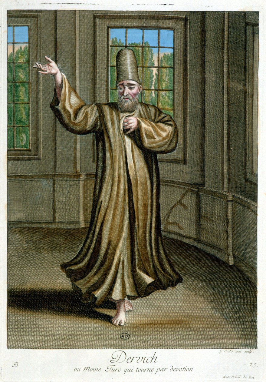 Dervitx, o monjo turc que balla per devoció, “” Col·lecció de 100 estampes representant diferents nacions del Llevant el 1707 i 1708”” per ordres de M. de Frriol, ambaixador del rei a la Porta i actualitzada el 1712-13 per la cura de M. Le Hay, Basfinnish tekijältä Pierre François Basan
