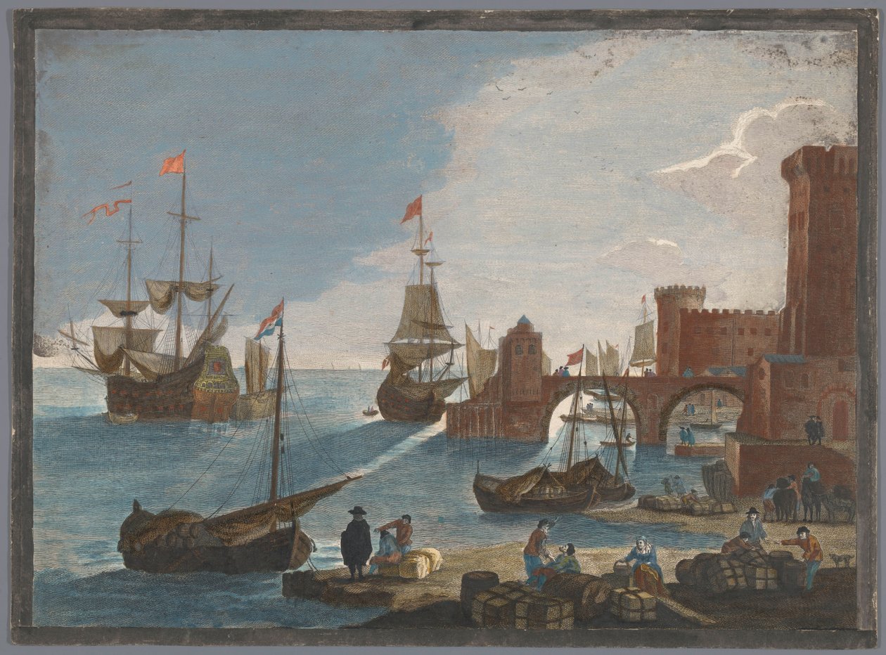Näkymä satamaan, jossa on laivoja ja veneitä vedessä 11. Vüe ​​​​maritime (otsikko esineessä) tekijältä Pierre François Basan