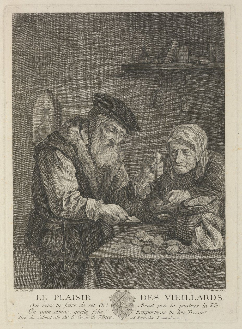 Vanhuuden iloja David Teniers nuoremman maalauksen jälkeen, 1700-luvun puoliväli. tekijältä Pierre François Basan