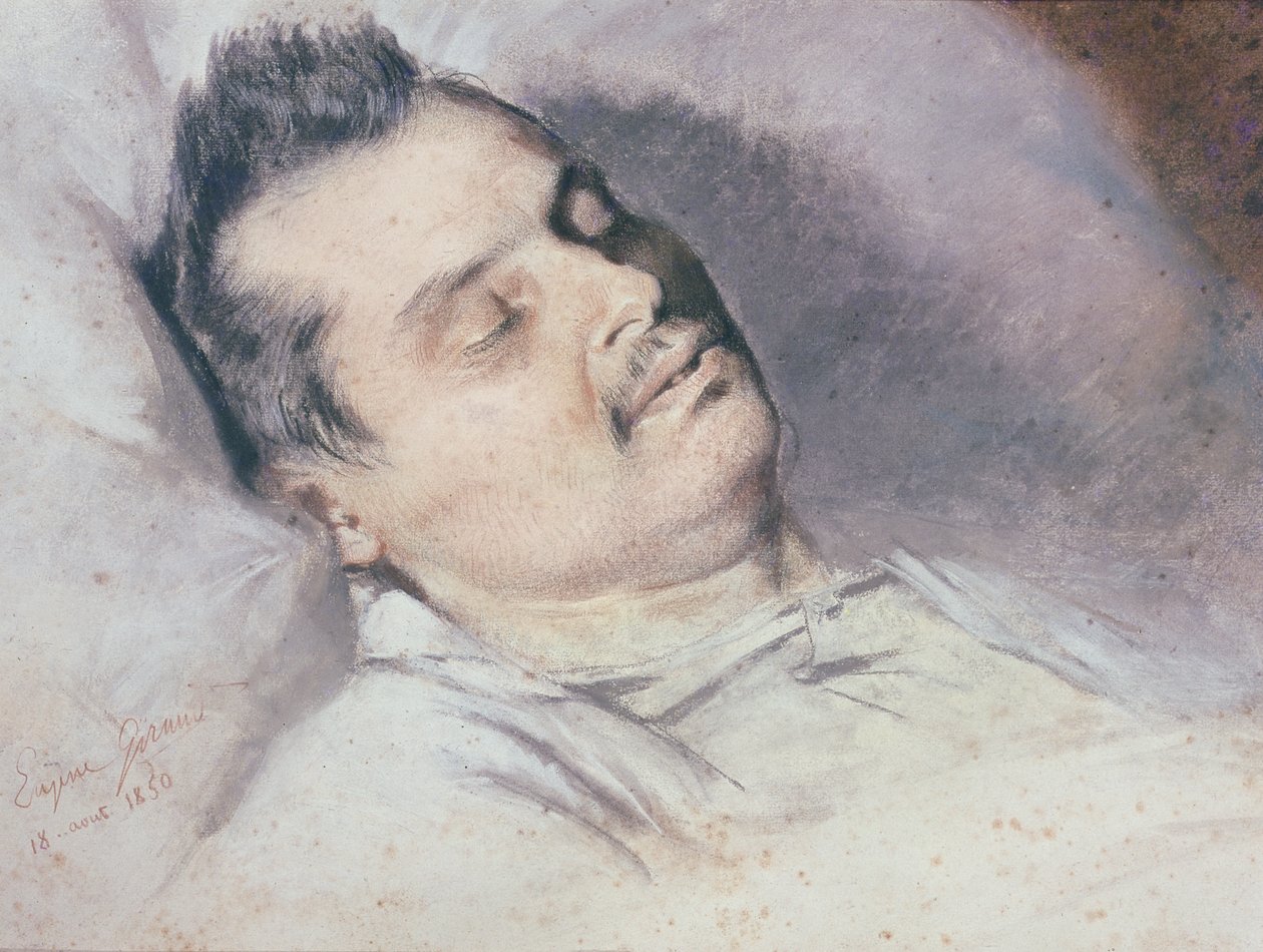 Honore de Balzac (1799-1850) kuolinsängyssä, 15. elokuuta 1850 (pastelli ja liitu paperille) tekijältä Pierre François Eugène Giraud