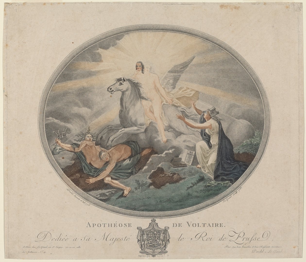 Voltairen apotheosis (Voltairen apotheosis) tekijältä Pierre François Legrand, after Robert Guillaume Dardel