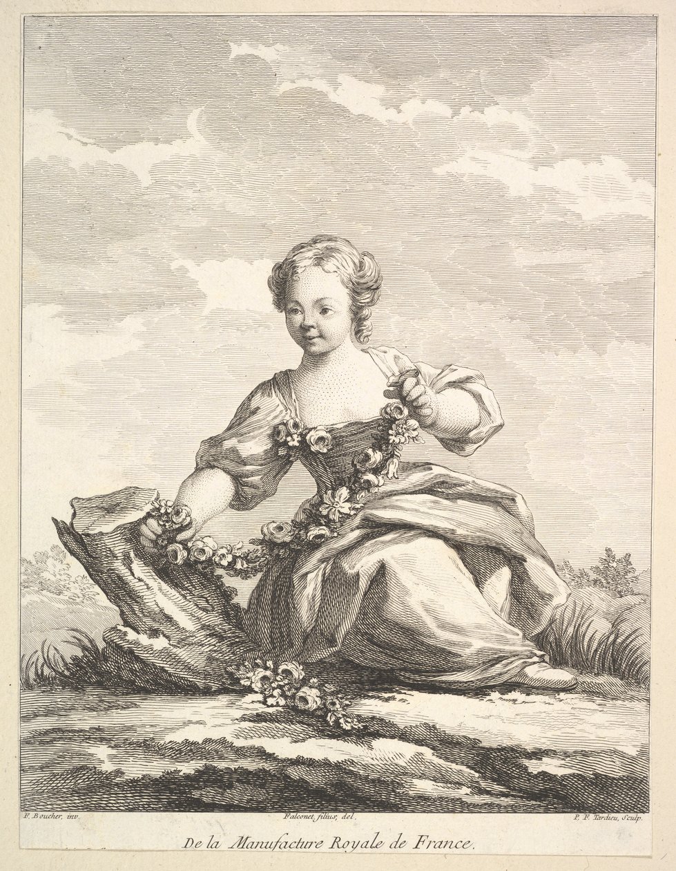 Pikkutyttö, jolla on kukkaseppele, toisesta Figuurikirjasta vuoden 1757 jälkeen. tekijältä Pierre François Tardieu
