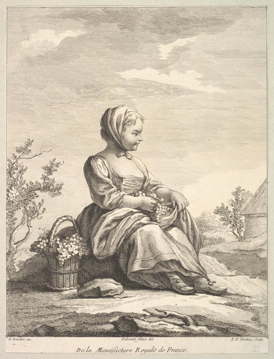 Pieni tyttö pitelee viinirypäleitä ja kori rinnallaan, Deuxième Livre de..., vuoden 1757 jälkeen. tekijältä Pierre François Tardieu