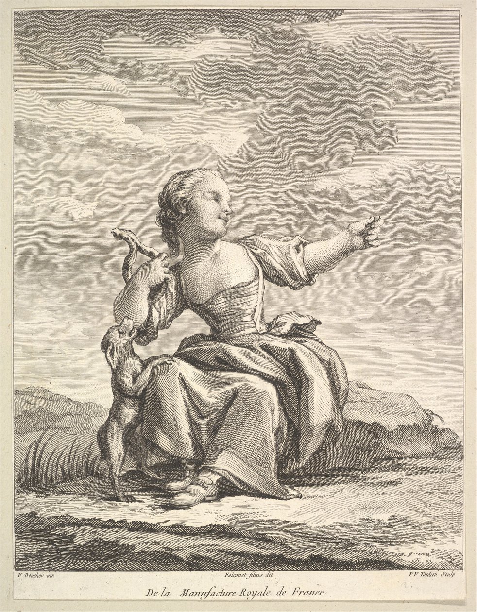 Pieni tyttö leikkii koiran kanssa, toisesta Figuurikirjasta posliinin jälkeen..., vuoden 1757 jälkeen. tekijältä Pierre François Tardieu