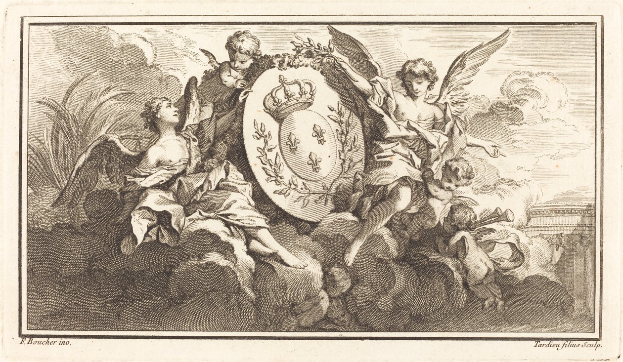 Ludvig XV:n kuninkaallinen vaakuna tekijältä Pierre François Tardieu or Jacques Nicolas Tardieu after François Boucher