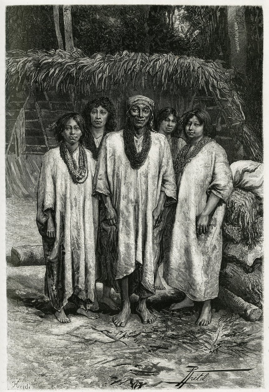 Chief Lacandon ja Lacandon tyypit, mayat, jotka asuvat Chiapasin (Meksiko) viidakoissa. P. Fritelin kaiverrus havainnollistamaan tarinaa "" Matka Yucataniin ja Lacandonien maahan"", vuonna 1882, Desire Charnayn (1828-1915) arkeologi ja valokuvaaja tekijältä Pierre Fritel