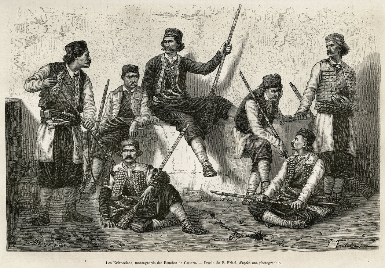 Krivoscianit, Bouches de Cattaron (tai Kotorin lahden Montenegron etelärannikolla) vuorikiipeilijät, aseet vastustamaan Itävallan joukkojen tunkeutumista. Kaiverrus P. Fritelin piirustuksen jälkeen, havainnollistamaan matkaa Dalmatiaan, kirjoittanut C tekijältä Pierre Fritel