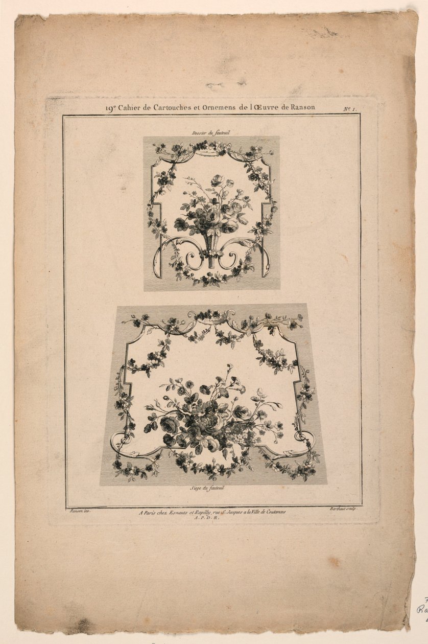 Mallit tapetry-tuoliistuimille, levy 1, "Cahier de Cartouches et Ornemens de l