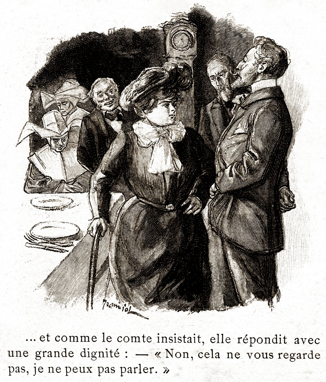 "Boule de Suif": Elisabeth Rousset kieltäytyy vastaamasta kreiville, 1900-luvun alku (kuvitus). tekijältä Pierre Georges Jeanniot