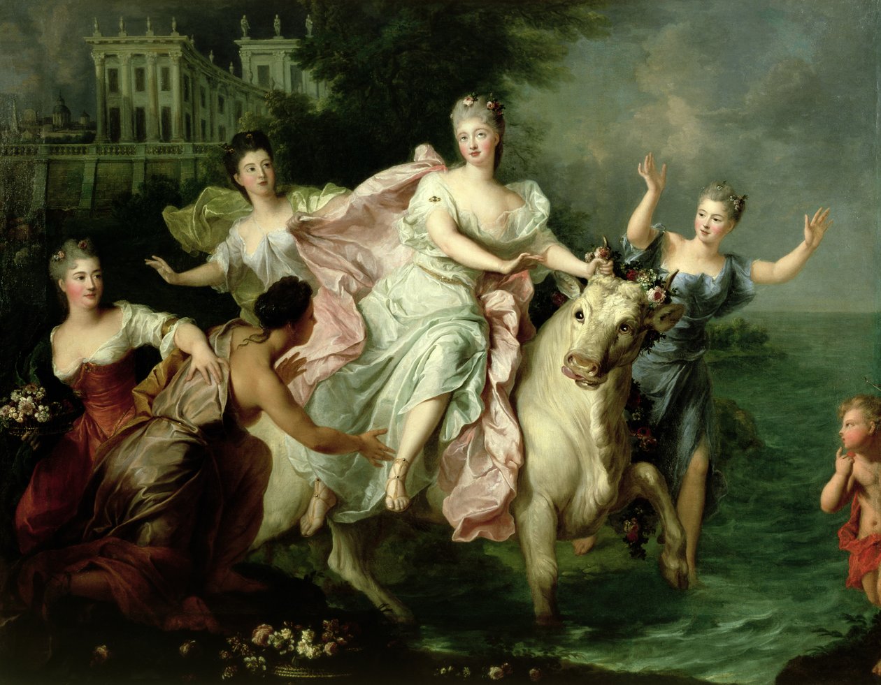 Jupiterin mukanaan kuljettama, häräksi muuttunut Europa, noin 1700. tekijältä Pierre Gobert