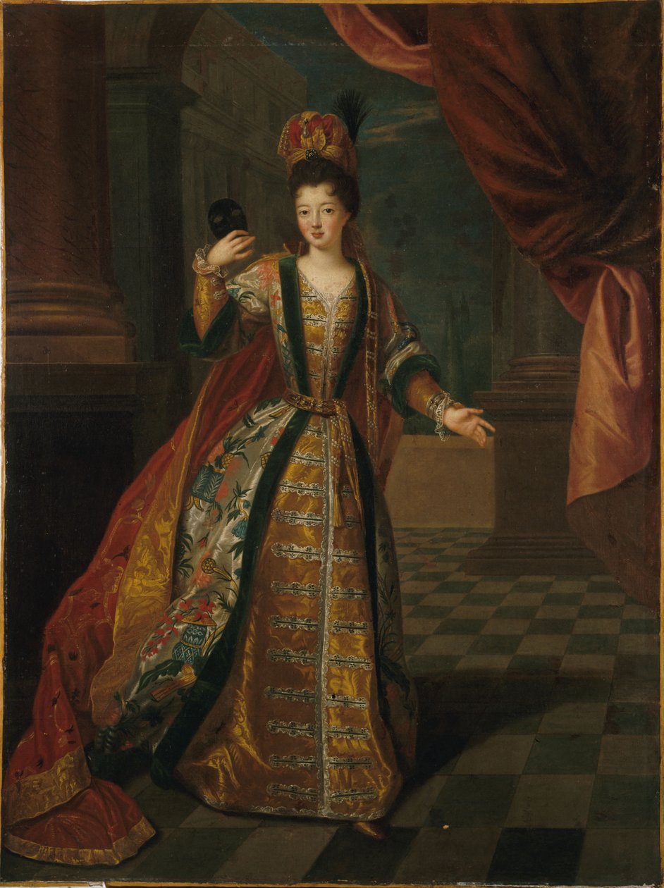 Ranska: Mademoiselle de Nantesin (Louise-Françoise de Bourbon, 1673-1743) muotokuva balanssipuvussa. tekijältä Pierre Gobert